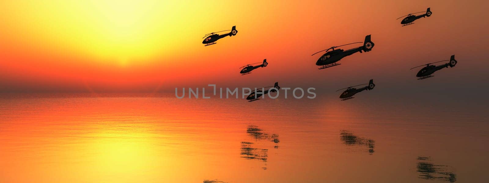 Multiple helicopters in silhouette against a captivating orange sunset reflecting on the ocean's surface