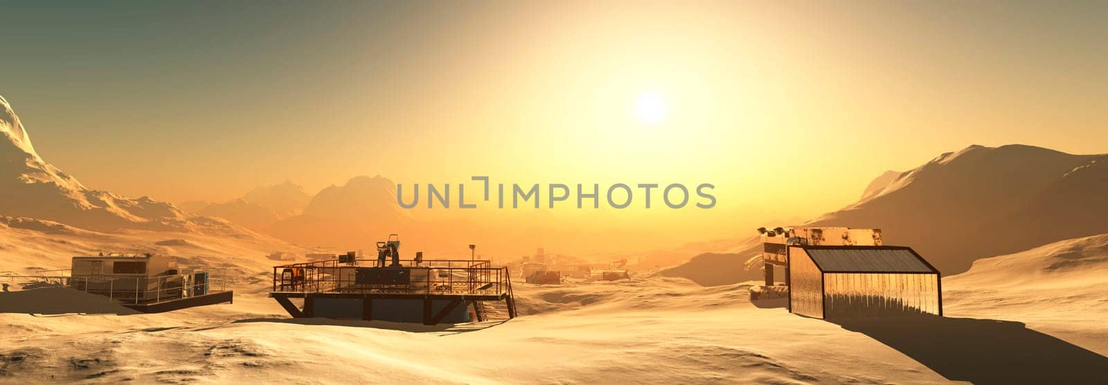 The sun rises, casting a warm glow on a scientific outpost nestled in a snowy extraterrestrial landscape