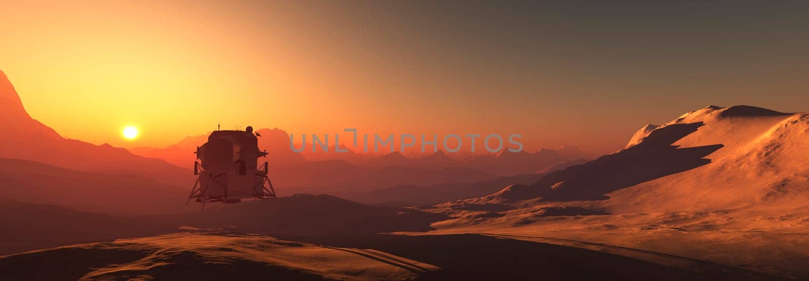 A lunar module perched on a ridge overlooks a sunset casting an orange glow on an alien landscape