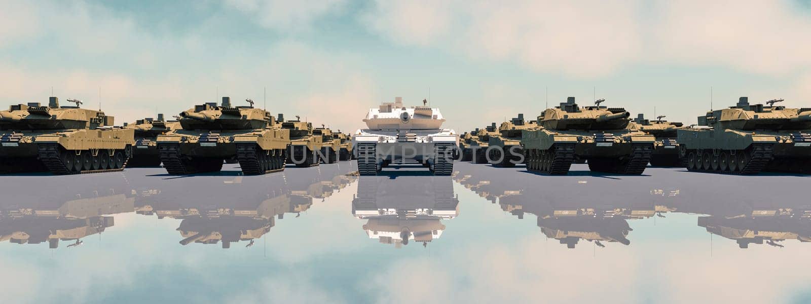 A row of modern tanks mirrored perfectly on a reflective surface, showcasing military precision and readiness