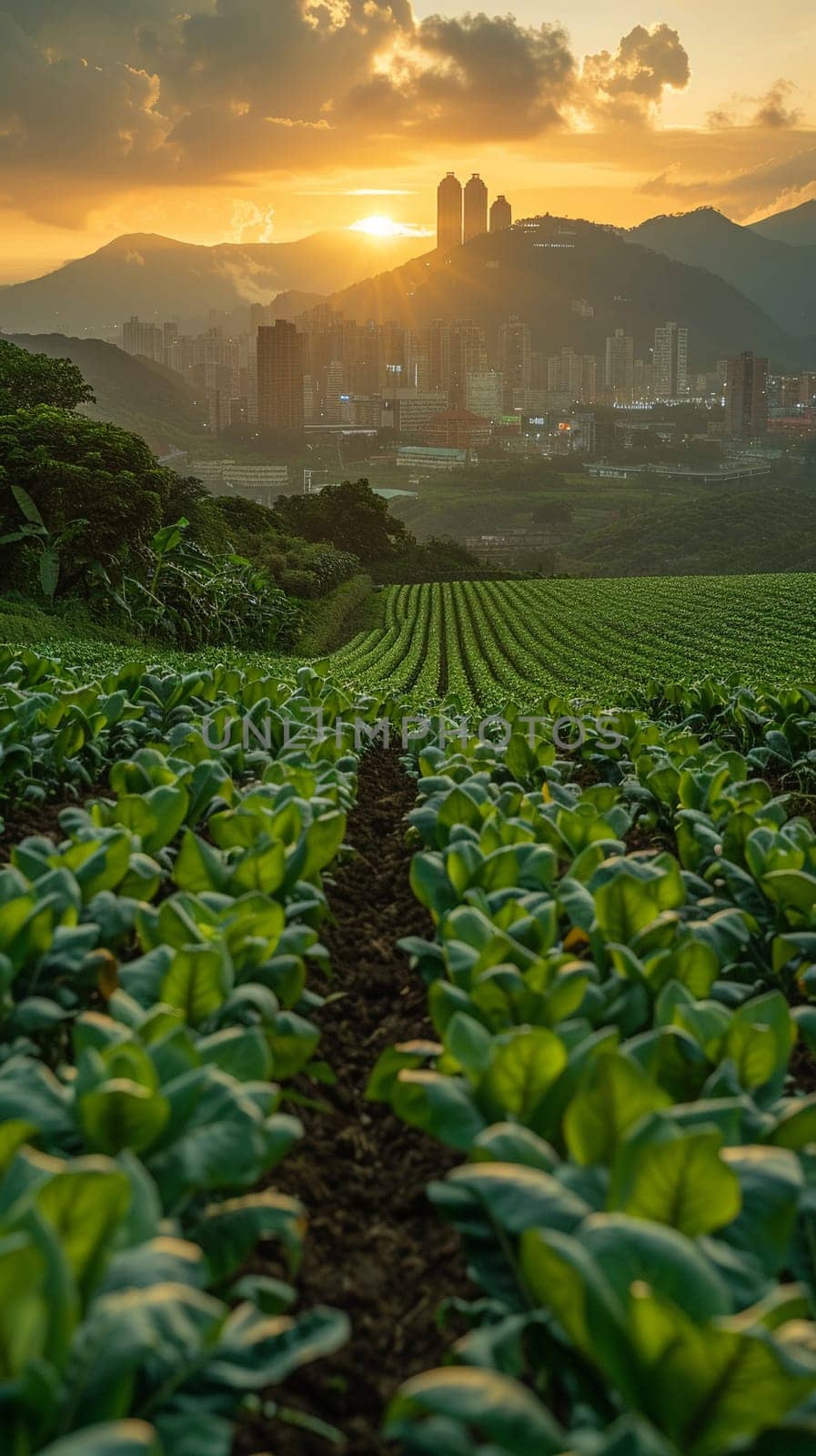 Farmers Tending to Crops in a Fertile Field with Soft Sunrise The gentle blur of workers and land suggests the timeless rhythm of agriculture. Urban Skyline Overlooking Bustling Financial District.