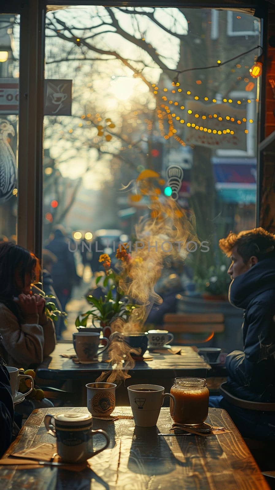 Cozy Coffee House Corner with Blurred Patrons and Steamy Mugs, The hazy warmth of the interior invites contemplation and community.