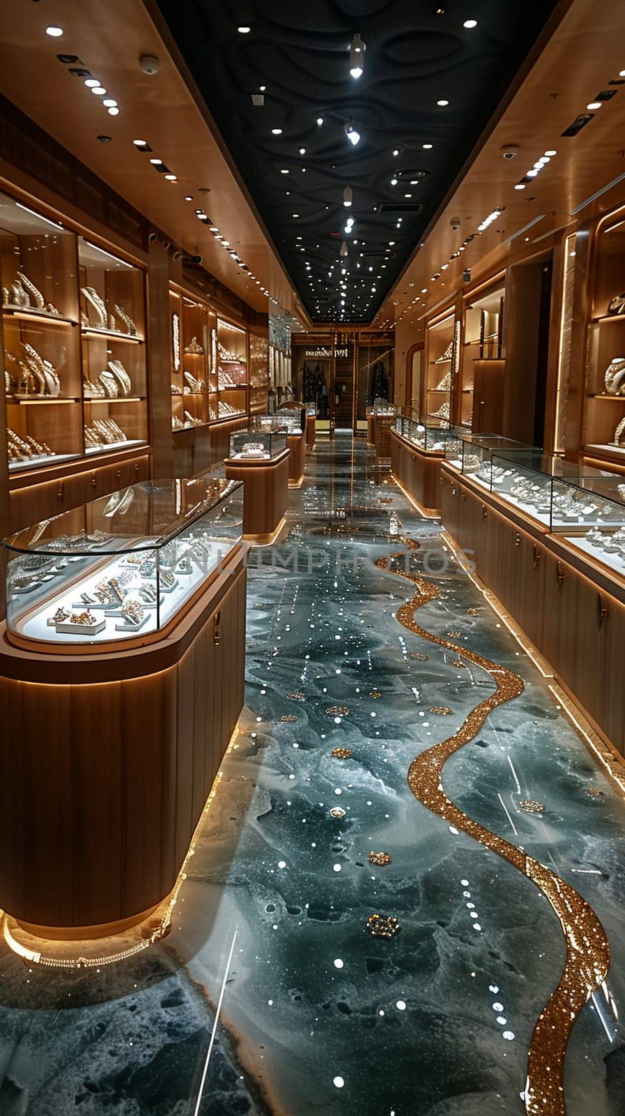 Upmarket Jewelry Store with Precious Gems in Elegant Disarray, The soft shimmer of jewels and glass cases suggests refinement and high-value transactions.