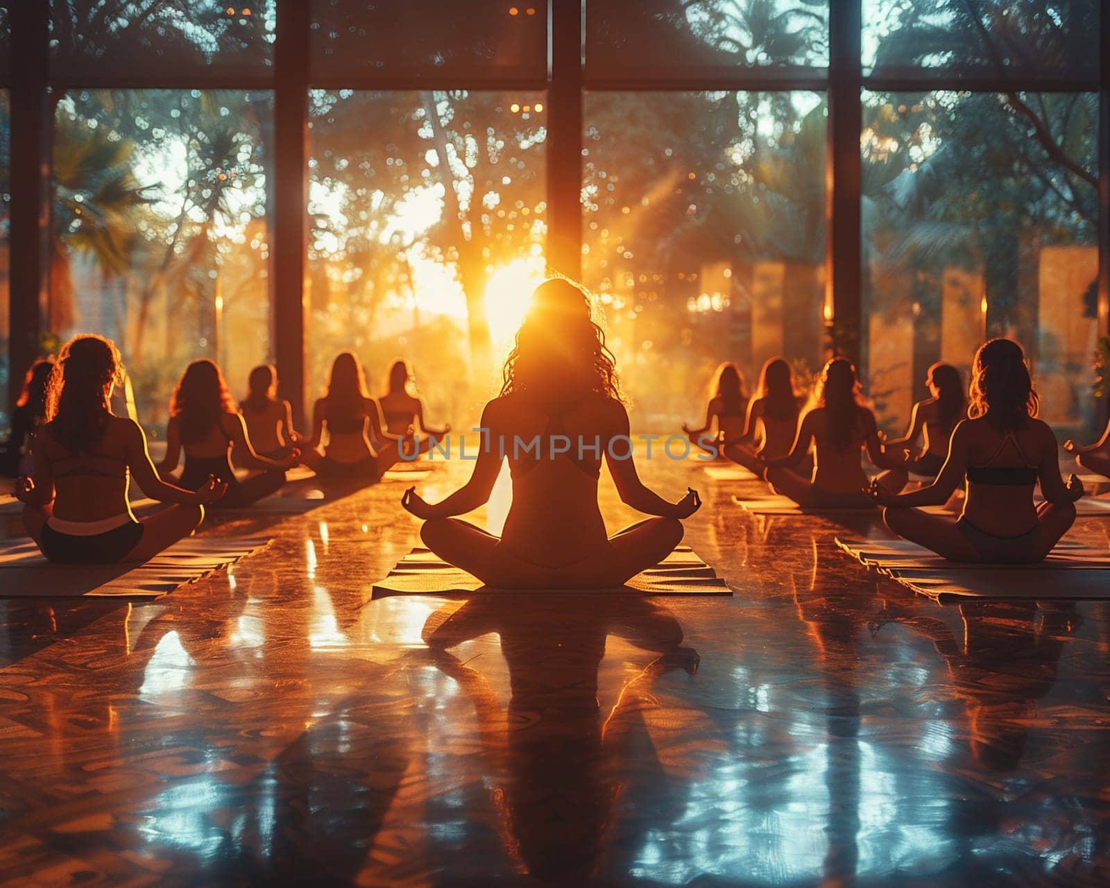 Serene Yoga Class in Session at a Sunlit Wellness Center, The tranquil blur of figures in poses against the morning light emphasizes balance and harmony.