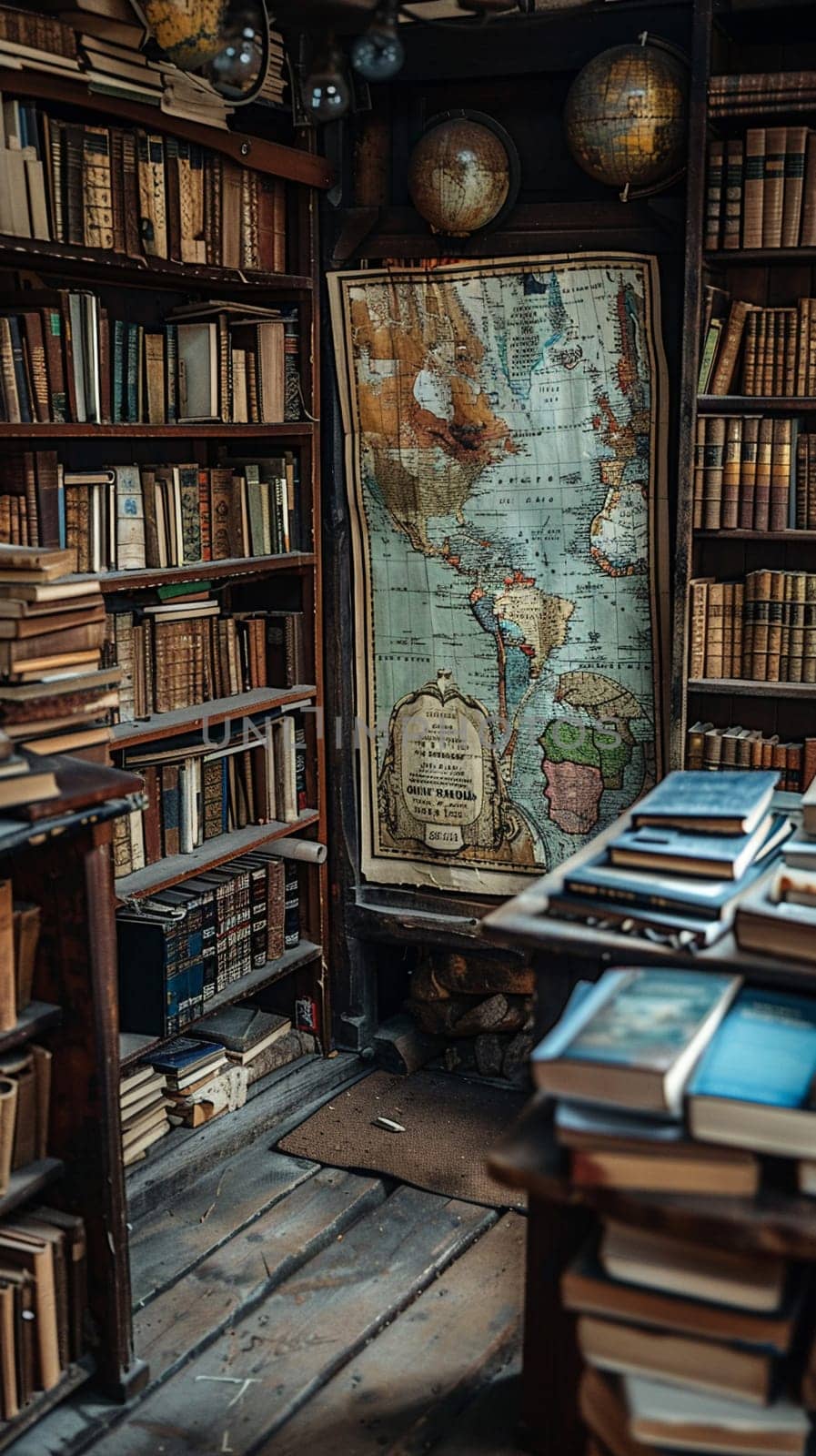 Vintage Bookstore with Antique Maps of the World Fading into Shelves by Benzoix