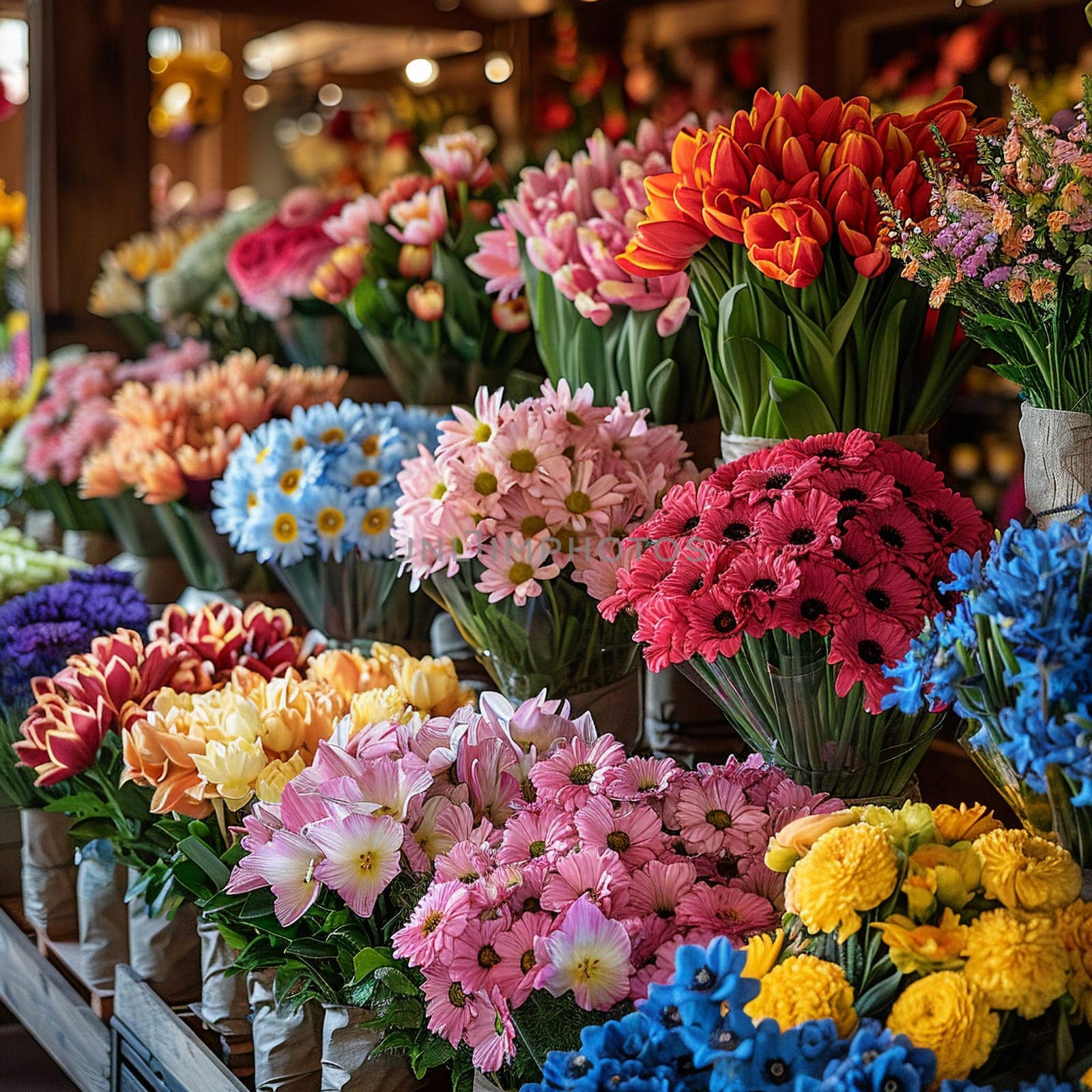 Cheerful Flower Shop Bursting with Colorful Arrangements for Sale, The soft focus on blooms suggests the fragrance and beauty of floral artistry.