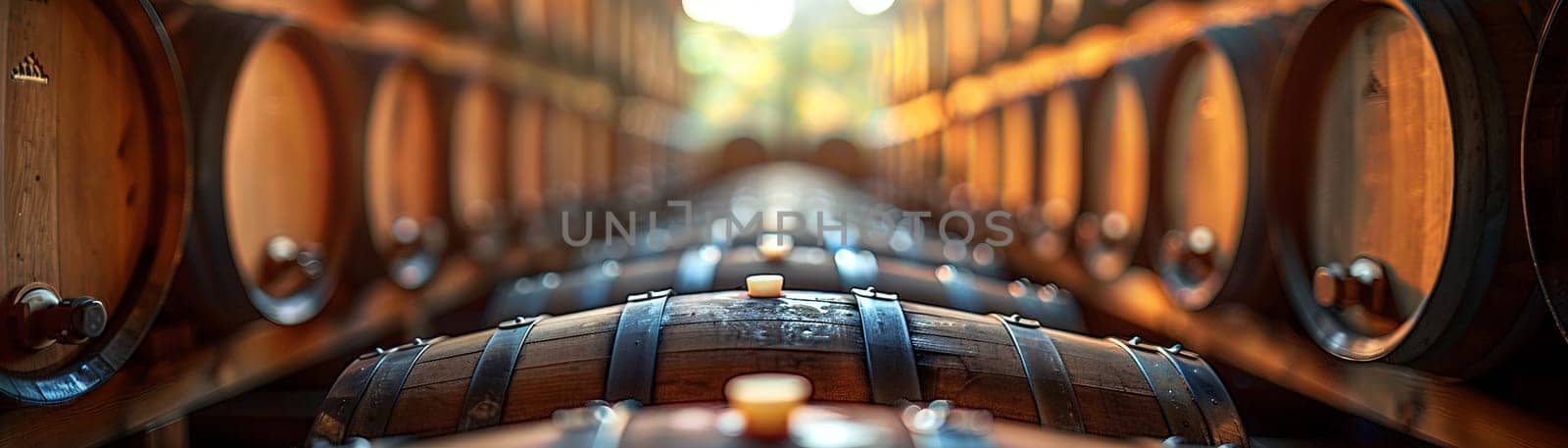 Vintage Winemaking Cellar with Barrels in Soft Focus, The shadowy outlines of wine barrels suggest tradition and the aging of fine wines.