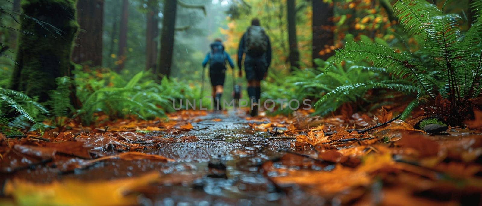 Nature Hiking Trail with Families Enjoying a Weekend Walk, The blur of movement amid greenery suggests the active pursuit of outdoor recreation.