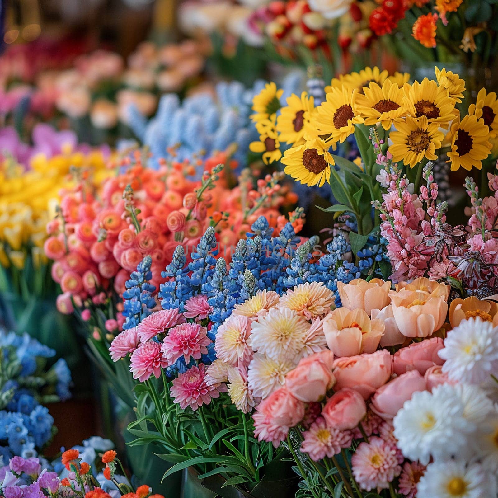 Cheerful Flower Shop Bursting with Colorful Arrangements for Sale, The soft focus on blooms suggests the fragrance and beauty of floral artistry.