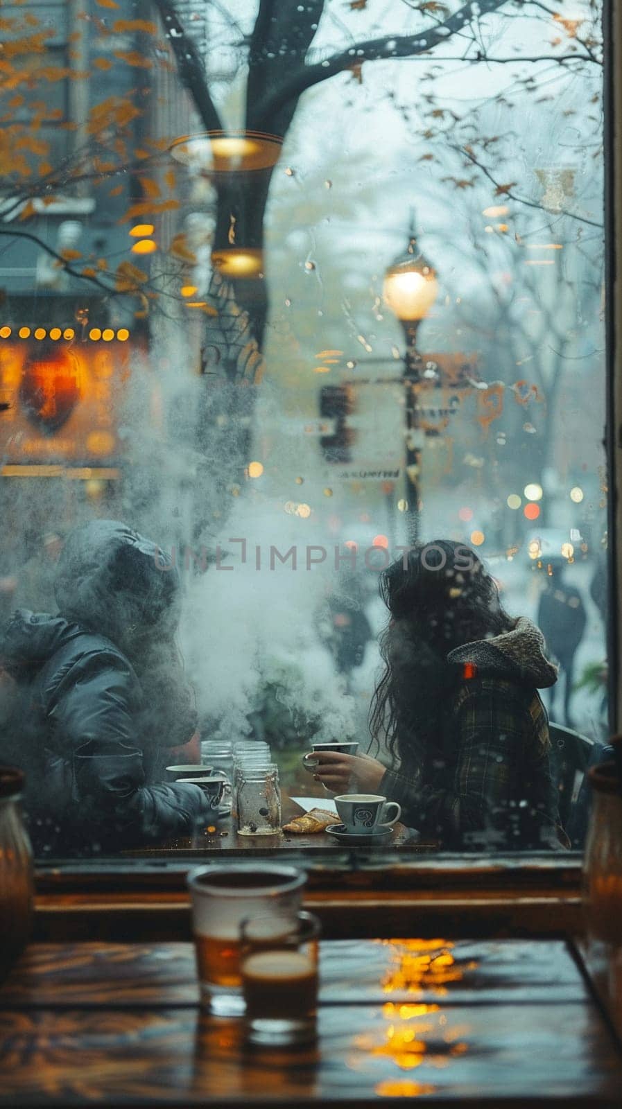 Cozy Coffee House Corner with Blurred Patrons and Steamy Mugs, The hazy warmth of the interior invites contemplation and community.