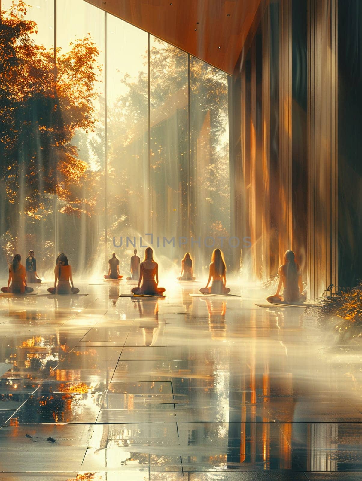 Serene Yoga Class in Session at a Sunlit Wellness Center, The tranquil blur of figures in poses against the morning light emphasizes balance and harmony.