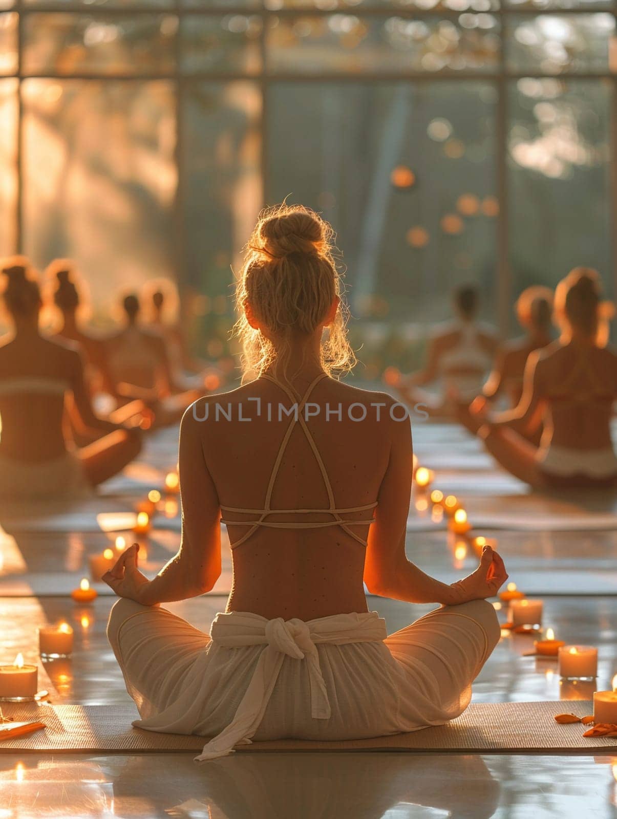 Serene Yoga Class in Session at a Sunlit Wellness Center, The tranquil blur of figures in poses against the morning light emphasizes balance and harmony.