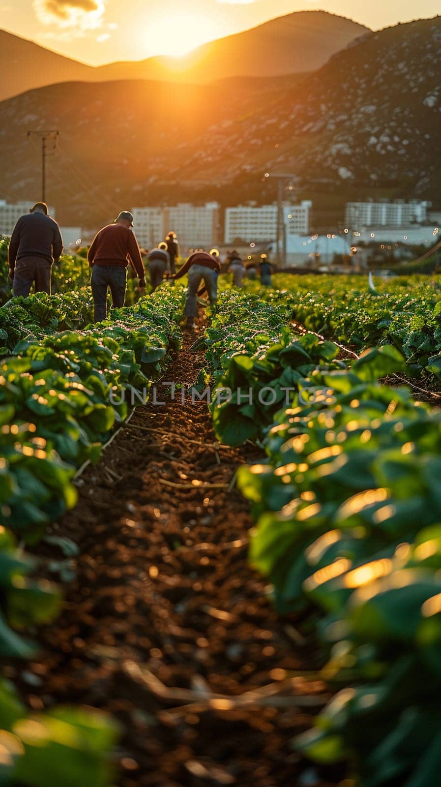 Farmers Tending to Crops in a Fertile Field with Soft Sunrise The gentle blur of workers and land suggests the timeless rhythm of agriculture. Urban Skyline Overlooking Bustling Financial District by Benzoix