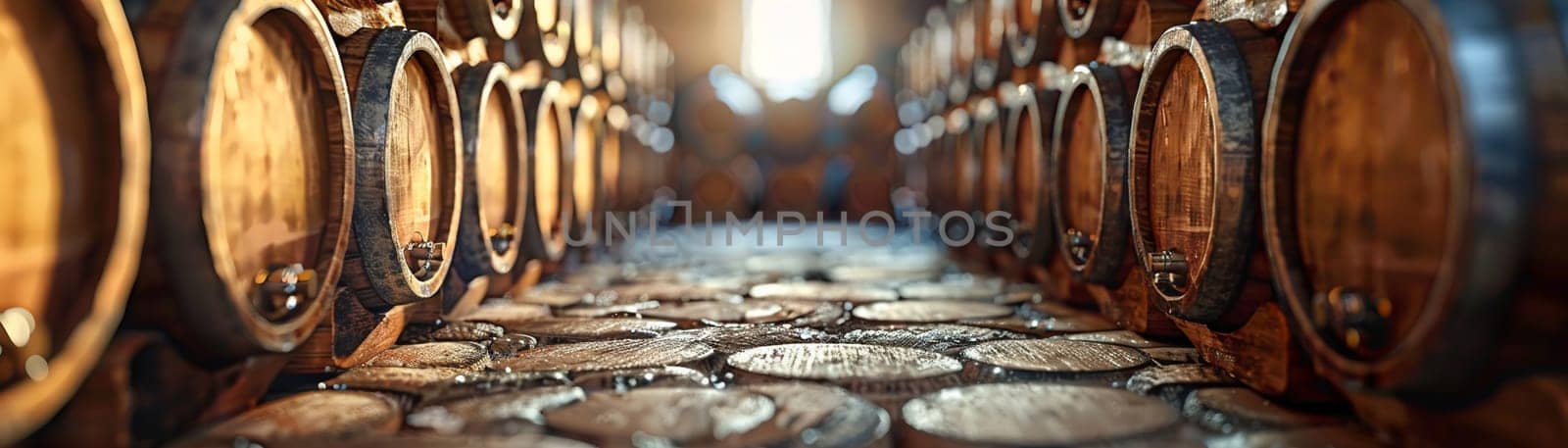 Vintage Winemaking Cellar with Barrels in Soft Focus by Benzoix