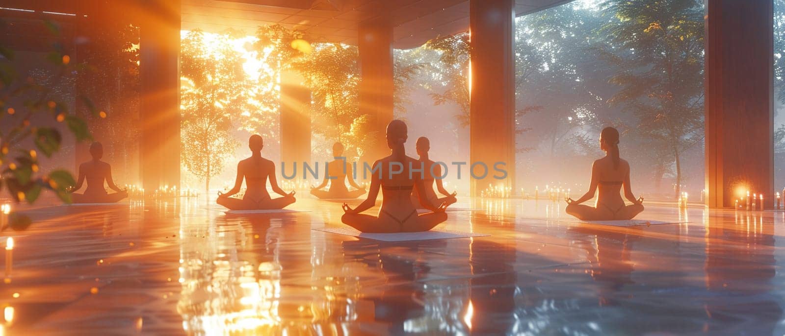 Serene Yoga Class in Session at a Sunlit Wellness Center, The tranquil blur of figures in poses against the morning light emphasizes balance and harmony.