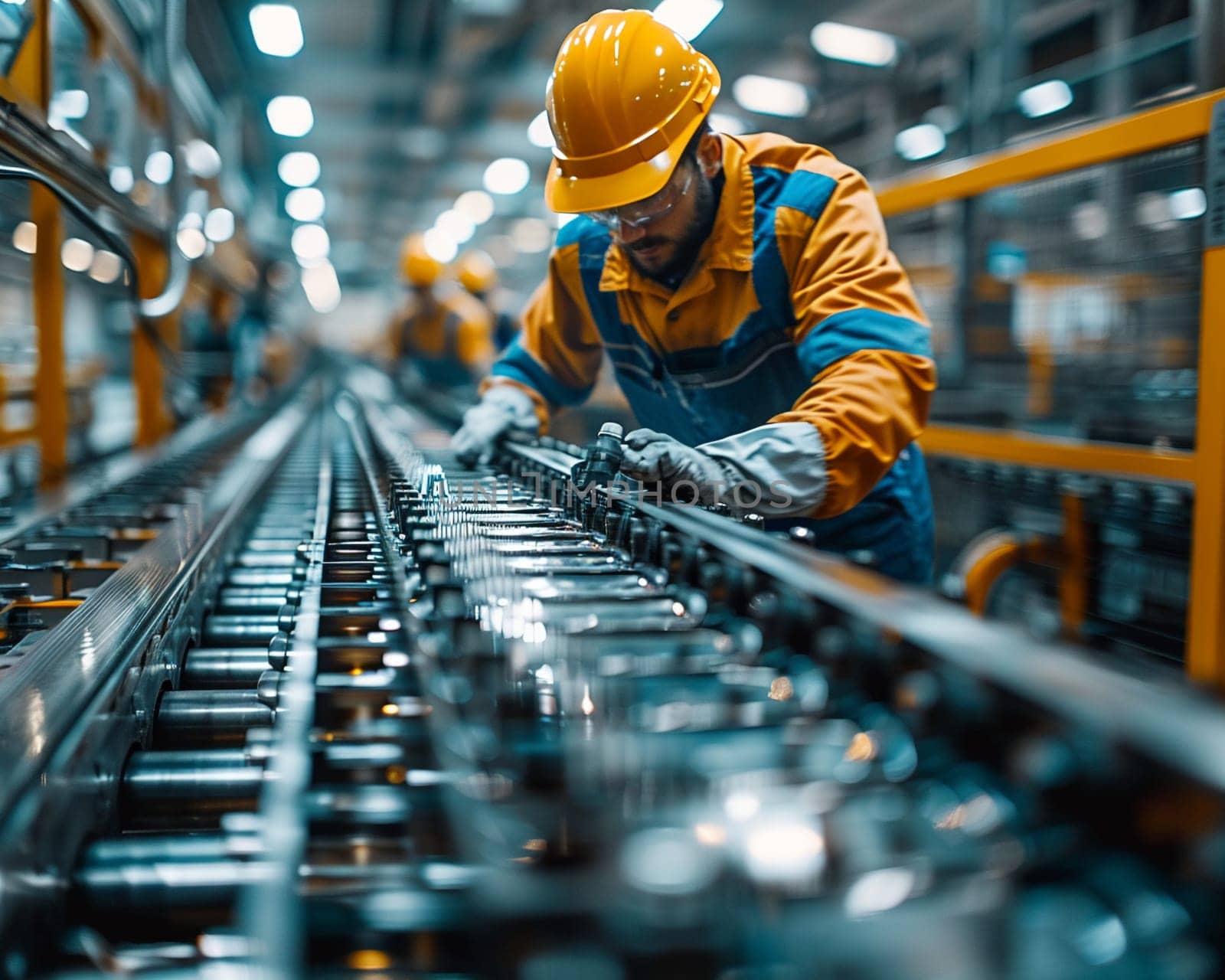 Diligent Factory Workers Operating Machinery in an Industrial Setting, The blur of activity and machinery underscores the backbone of manufacturing.