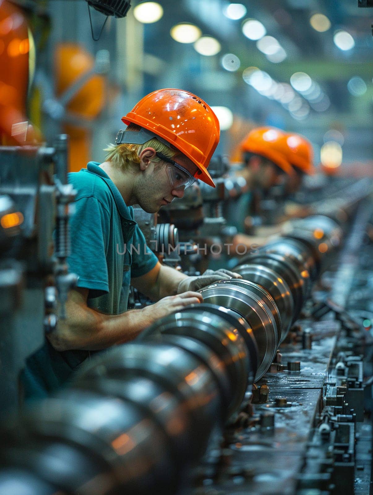 Diligent Factory Workers Operating Machinery in an Industrial Setting, The blur of activity and machinery underscores the backbone of manufacturing.