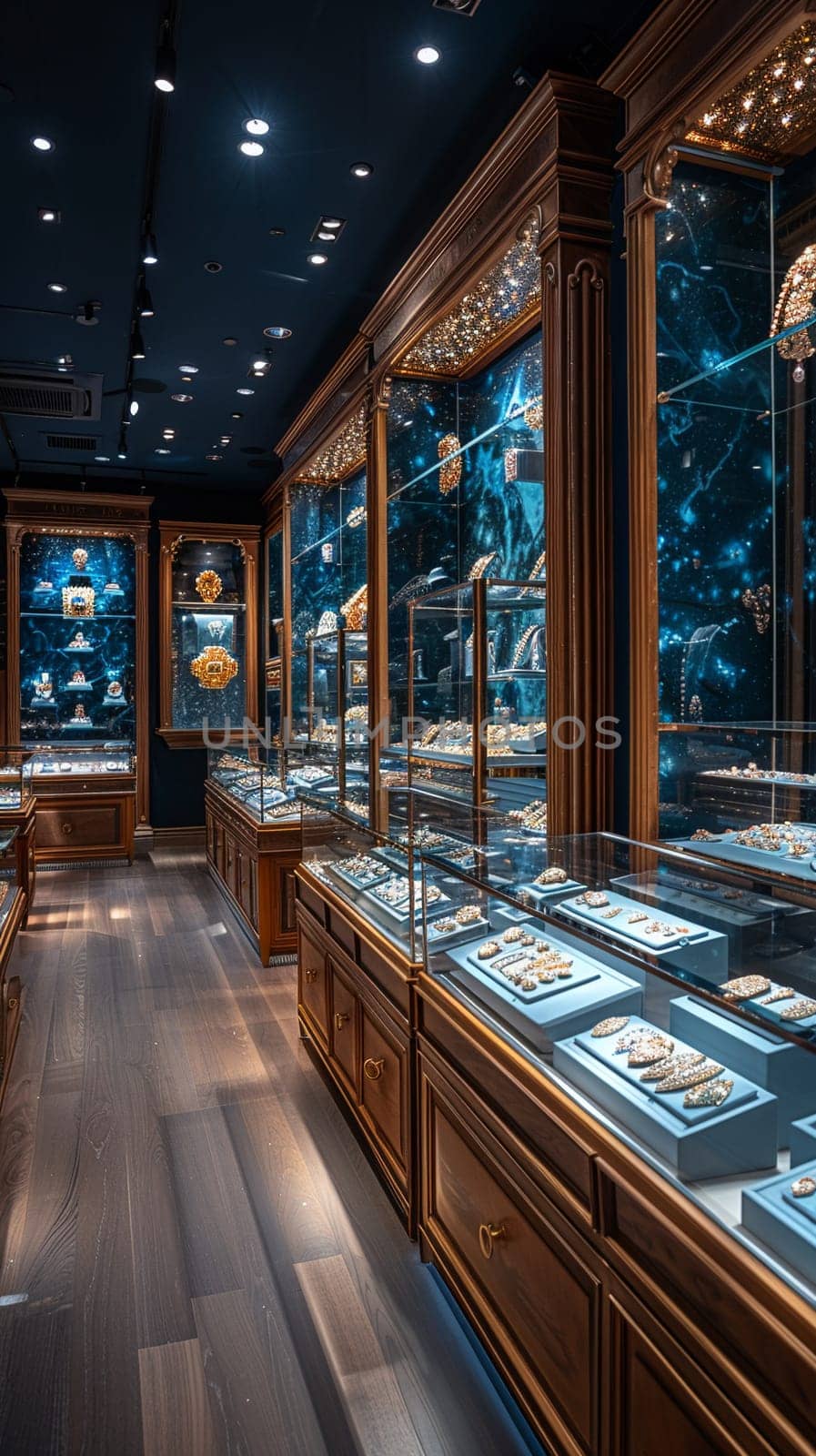 Upmarket Jewelry Store with Precious Gems in Elegant Disarray, The soft shimmer of jewels and glass cases suggests refinement and high-value transactions.