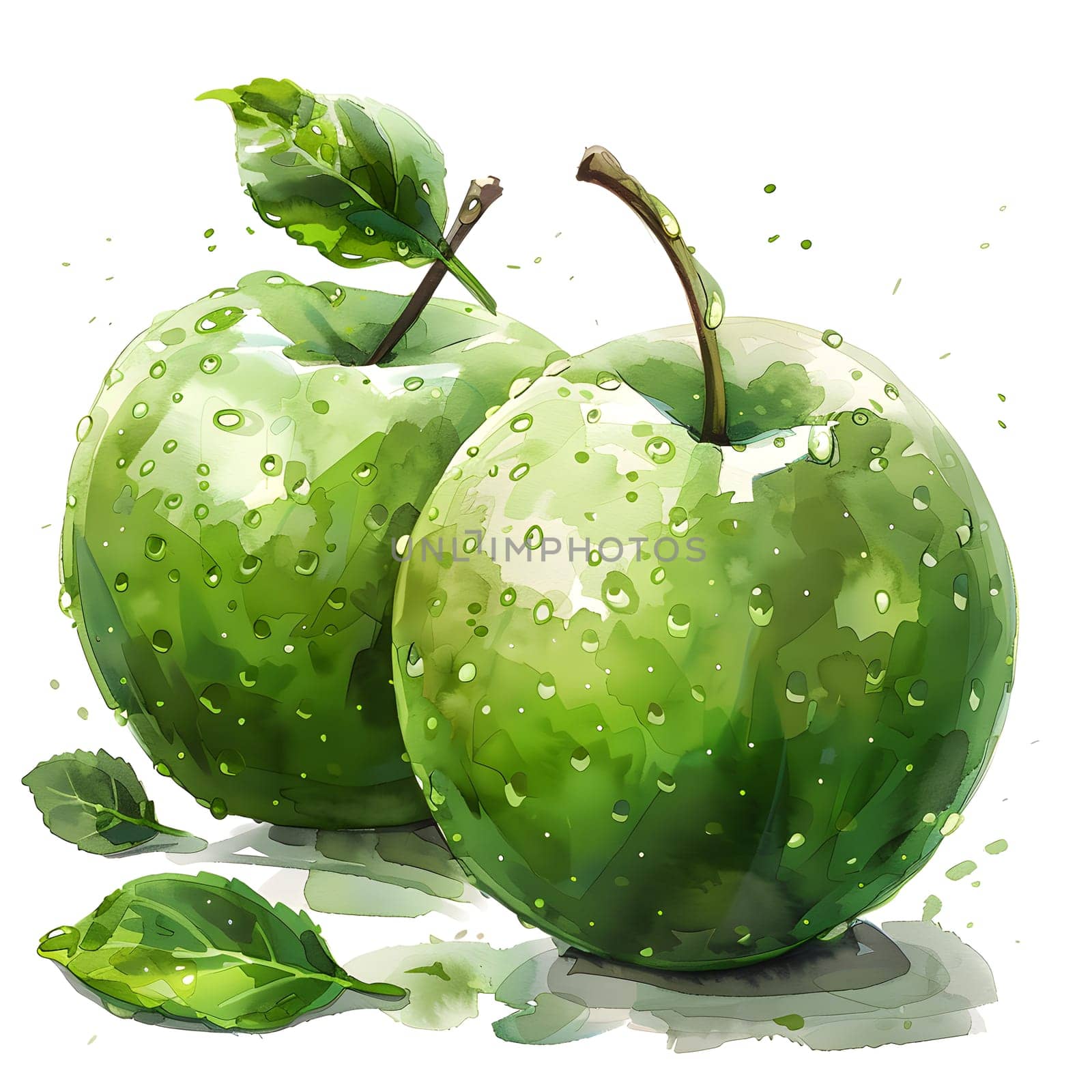 Two green apples, a staple food packed with nutrients, with water drops on them. A seedless fruit, superfood, and natural produce, perfect for a healthy snack