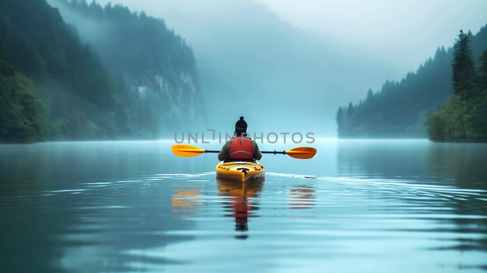 Solo Kayaker Paddling Through Misty Mountain Lake at Dawn by chrisroll