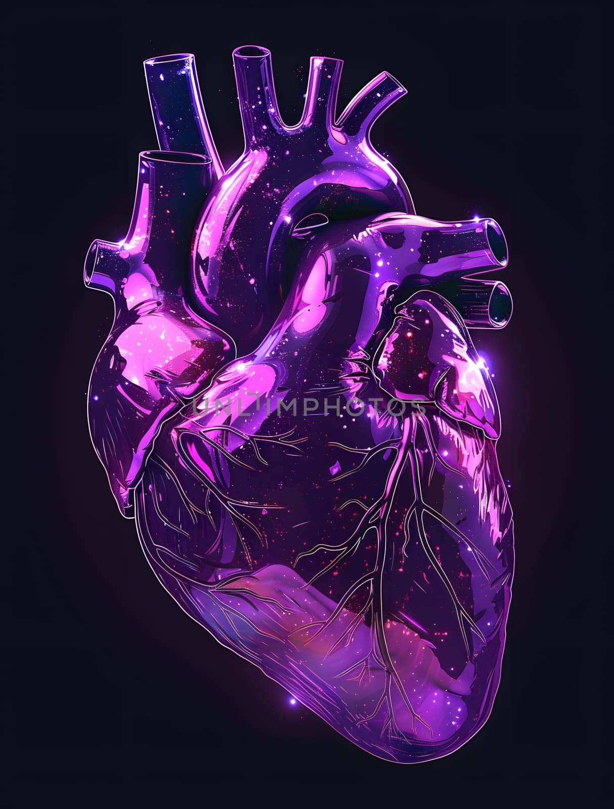 A violet heart shines in the darkness against a black background by Nadtochiy