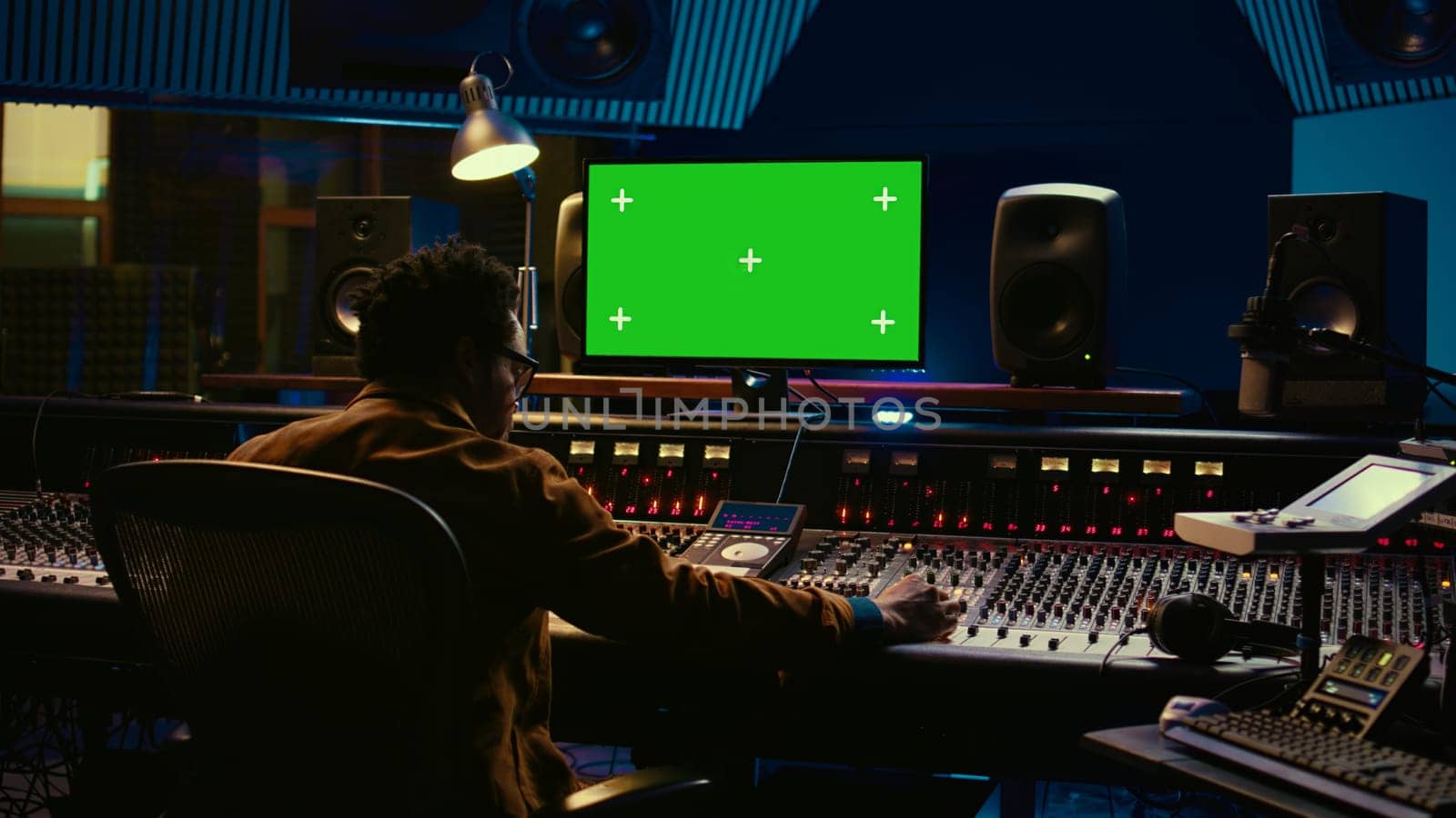 African american music producer working with greenscreen on pc by DCStudio