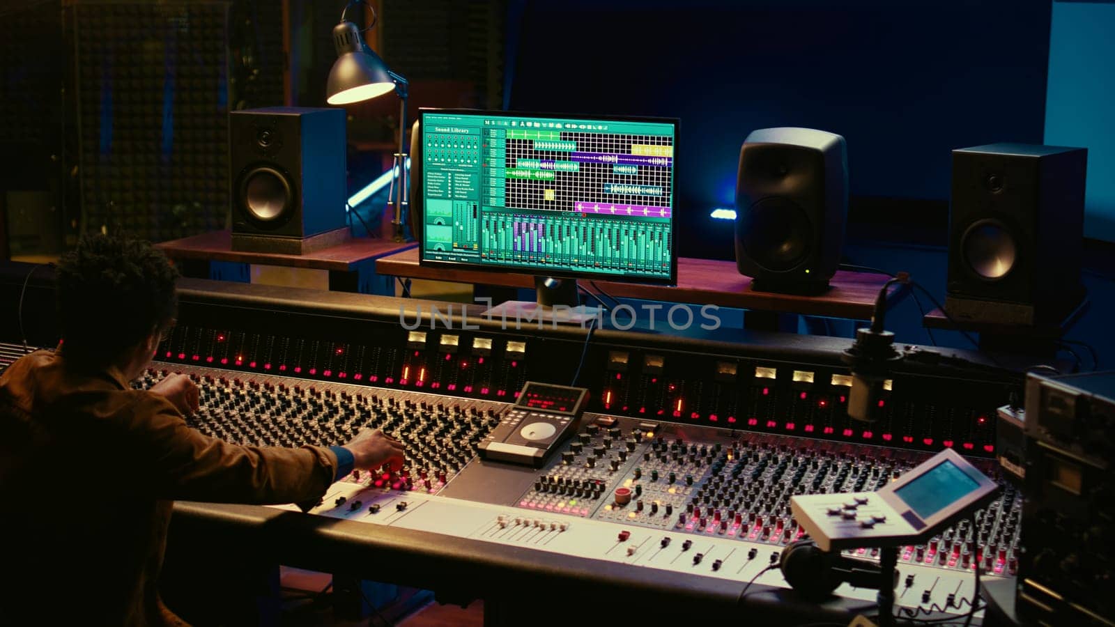 African american audio expert adding sound effects on tracks in post production, operating mixing console and pushing sliders. Producer creating music for his new album, audio mixer. Camera B.