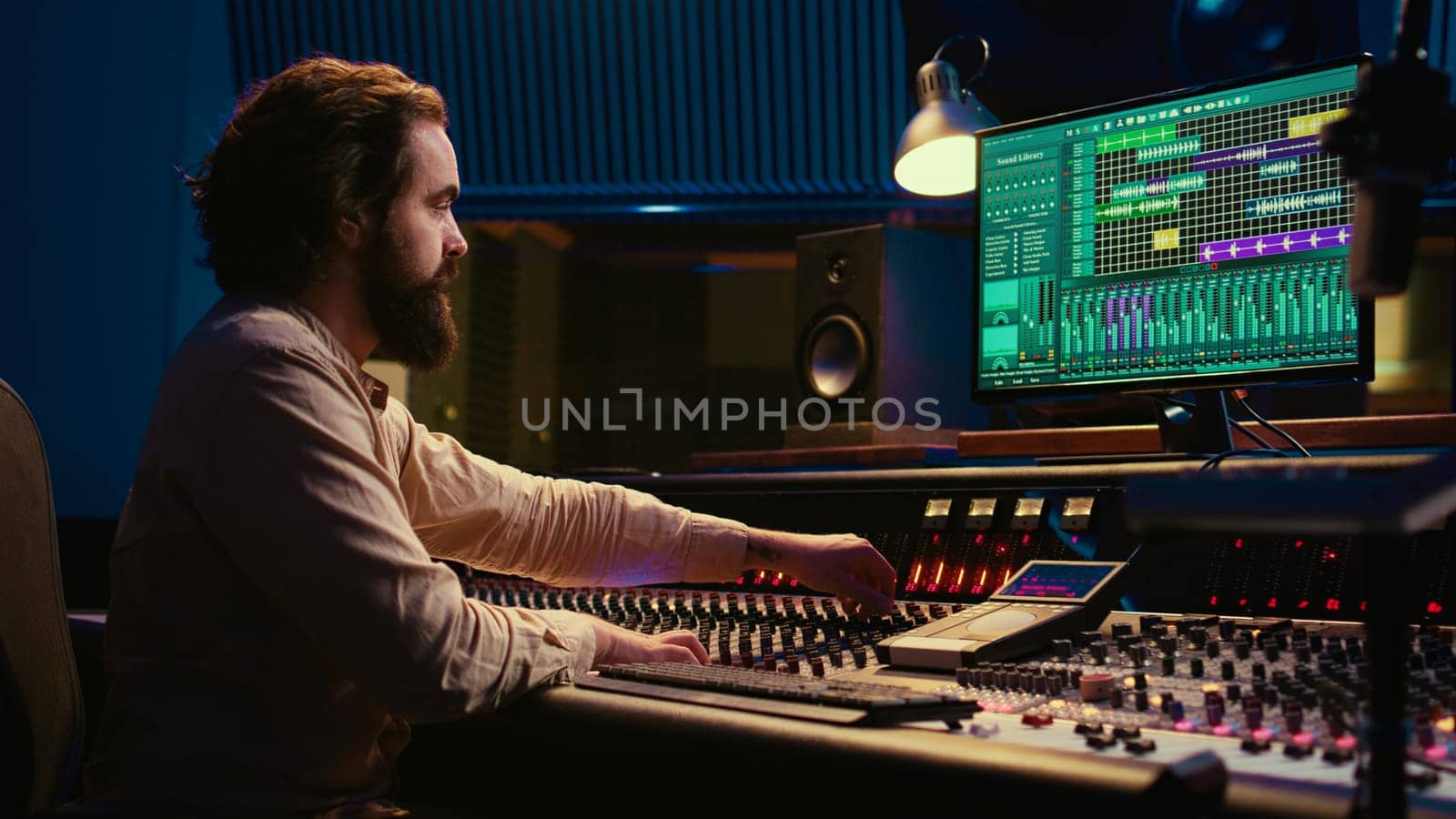 Tracking engineer editing music by adding sound effects in control room by DCStudio