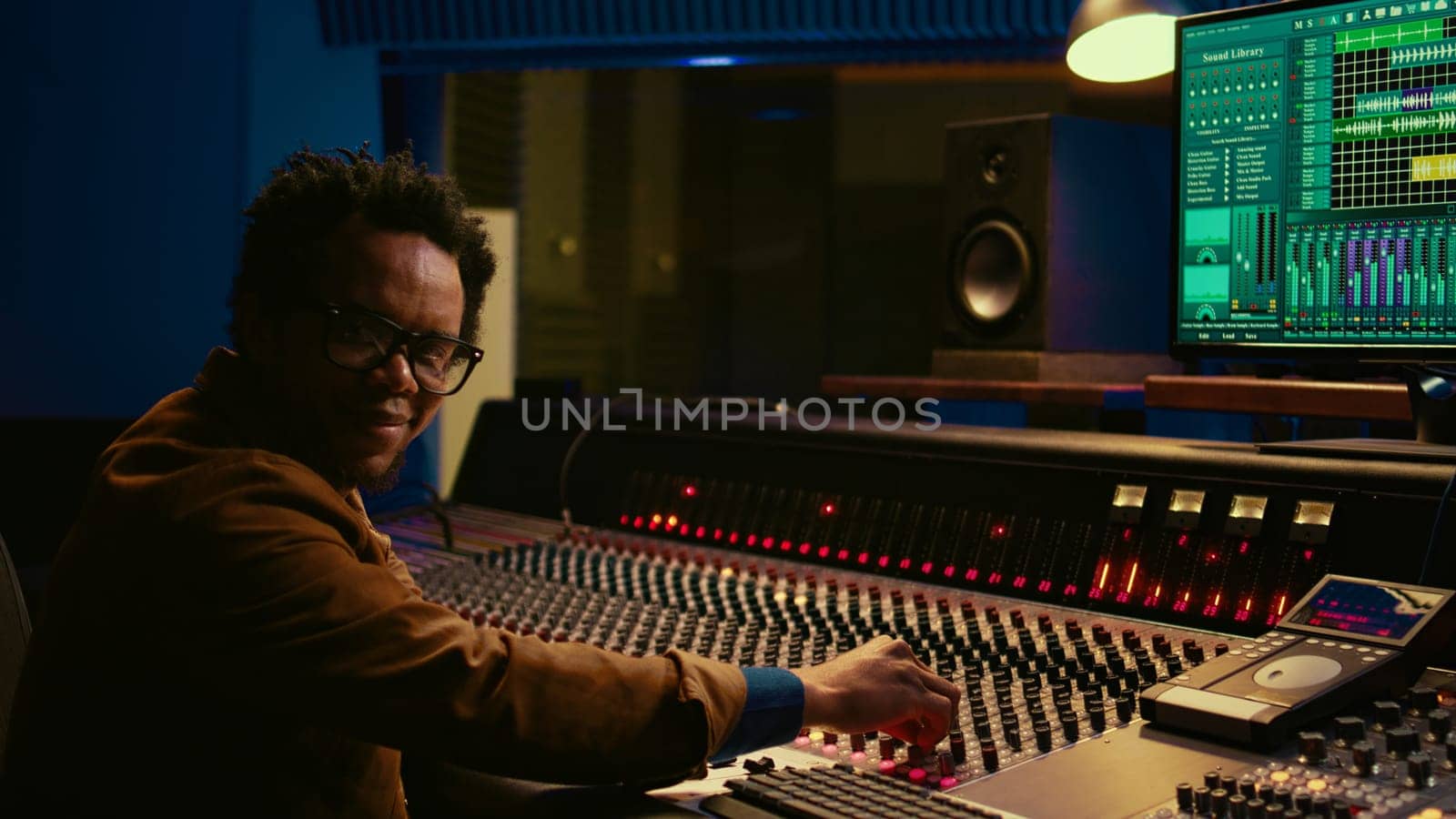 Portrait of african american sound designer mixing and mastering tracks with professional audio console in studio control room. Producer technician uses soundboard pads on mixer station. Camera B.