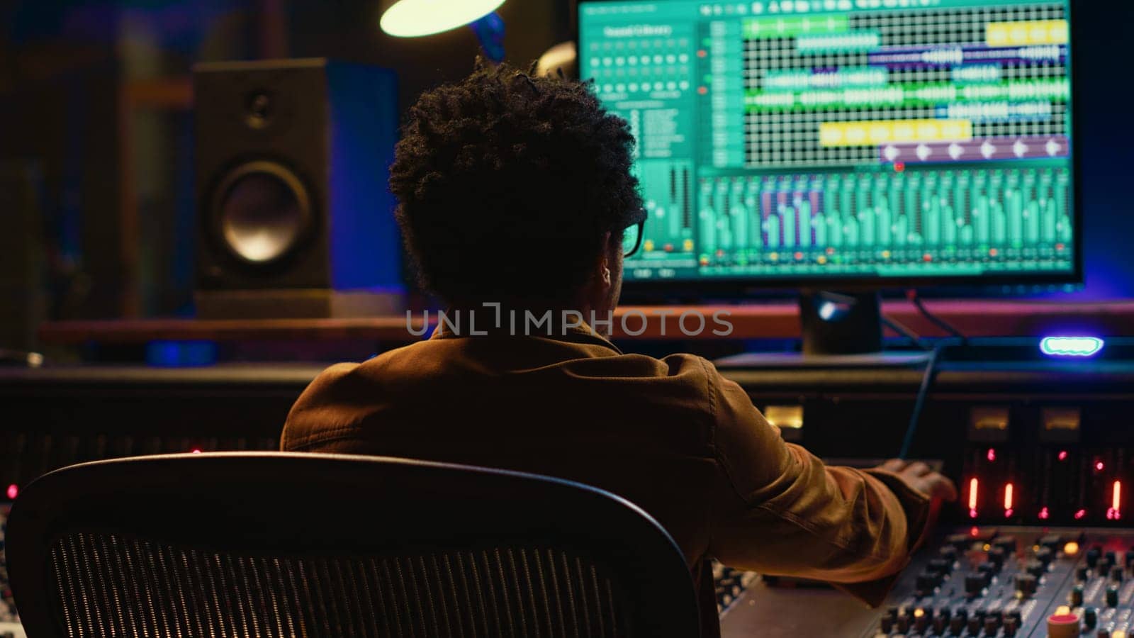 African american music producer mixing and mastering tracks on audio console, twisting knobs and pushing sliders to edit tunes. Sound engineer producing new songs in control room. Camera A.