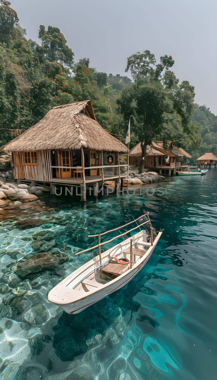 A boat peacefully floats on the tranquil waters of the lake next to a rustic hut, surrounded by lush greenery and under a clear blue sky