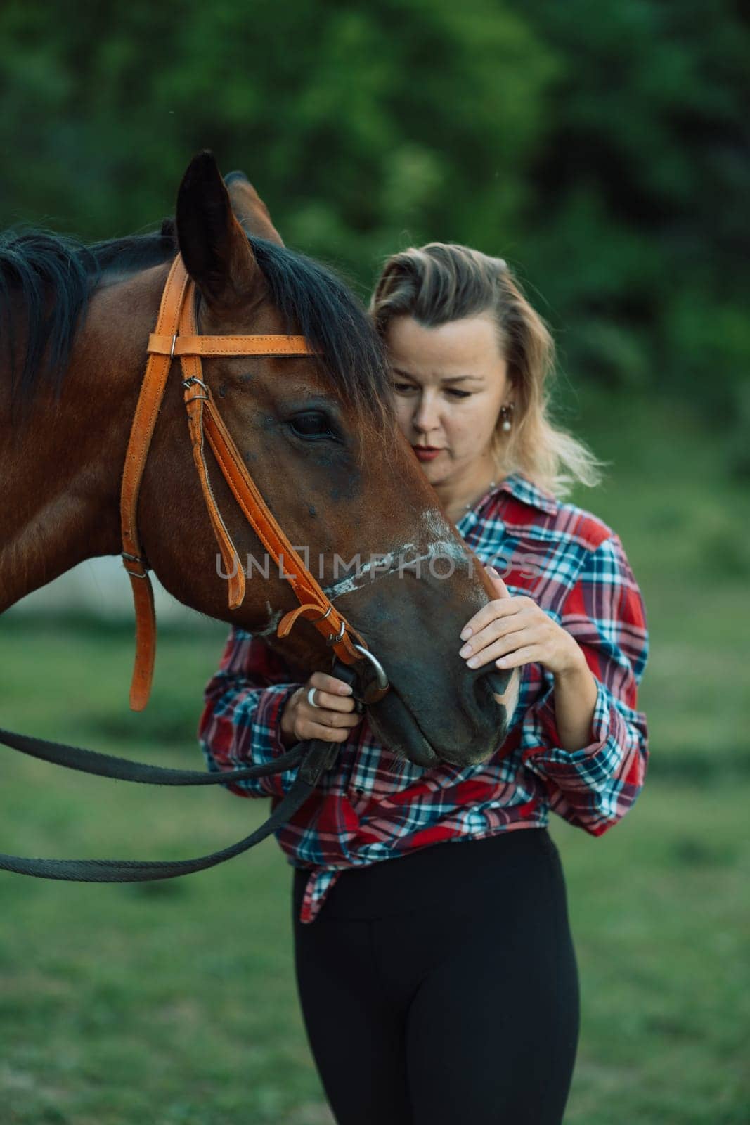 Happy blonde with horse in forest. Woman and a horse walking through the field during the day. Dressed in a plaid shirt and black leggings. by Matiunina