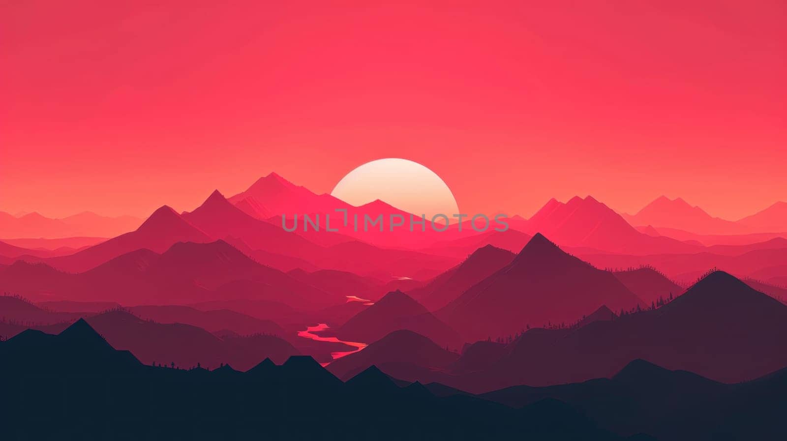 A mountain range with a red sun in the sky.