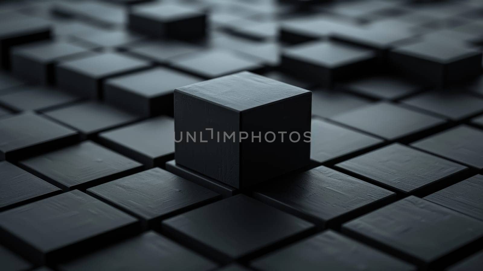 A black cube is placed on a black background.