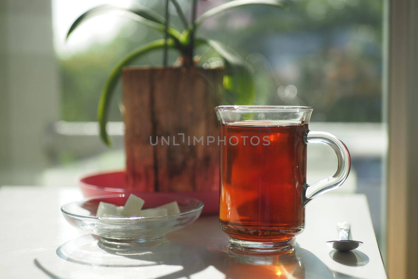 early morning green tea and sugar on table near window by towfiq007