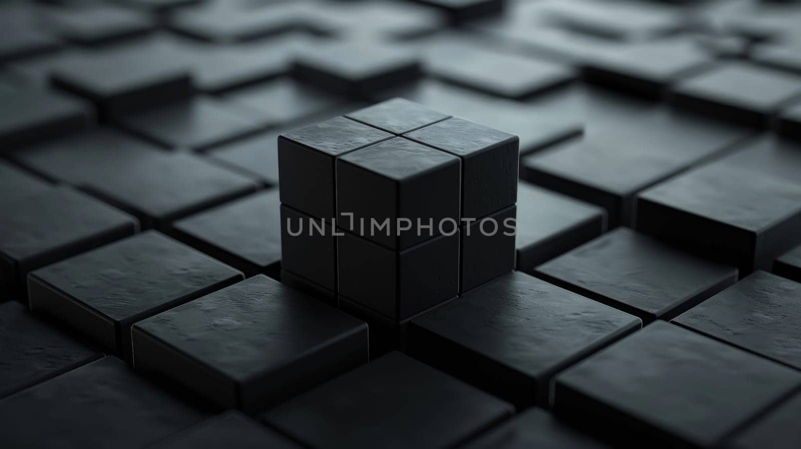 A black cube is placed on a black background. The cube is surrounded by many other black cubes, creating a pattern. The image has a minimalist and modern feel to it