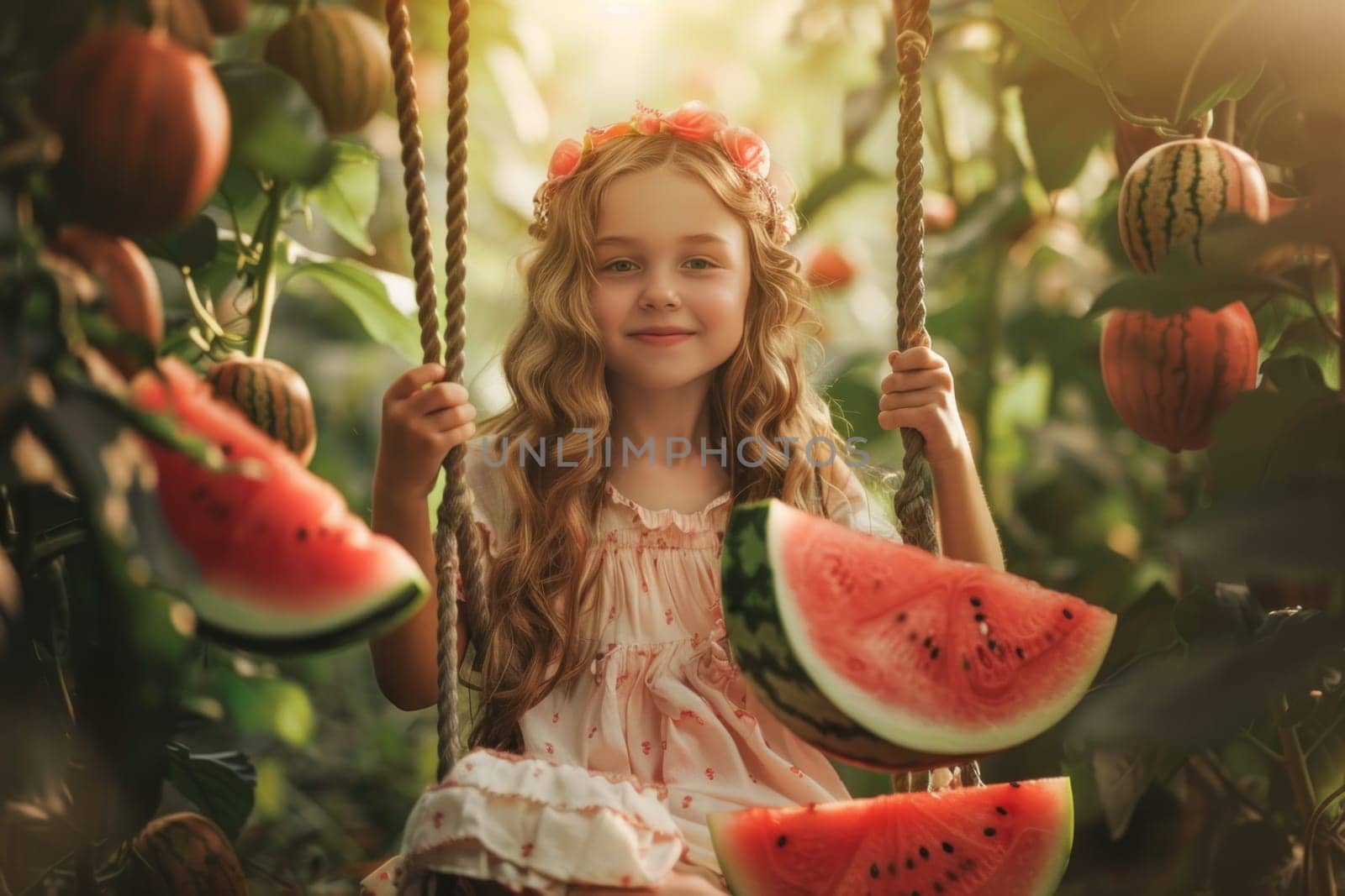 A young girl is swinging on a rope while surrounded by watermelon slices by golfmerrymaker