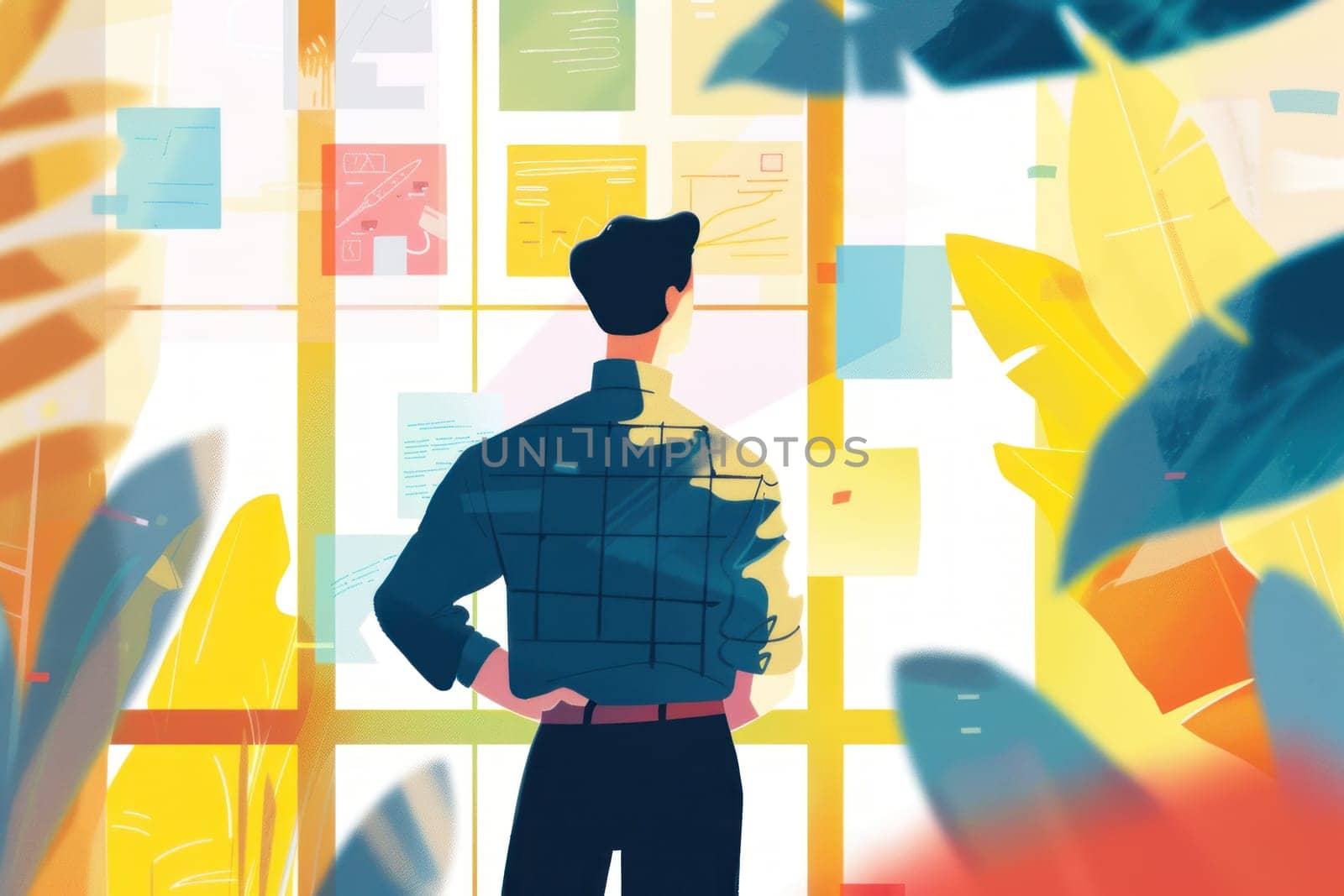 A man is looking out of a window at a wall covered in colorful sticky notes. Concept of organization and productivity, as the man is reviewing or planning his tasks