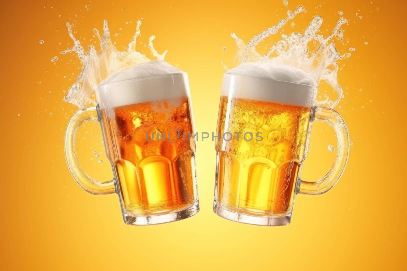 Two glasses of beer are shown in the air, with foam and bubbles. Concept of celebration and enjoyment, as if the two glasses are toasting to a special occasion