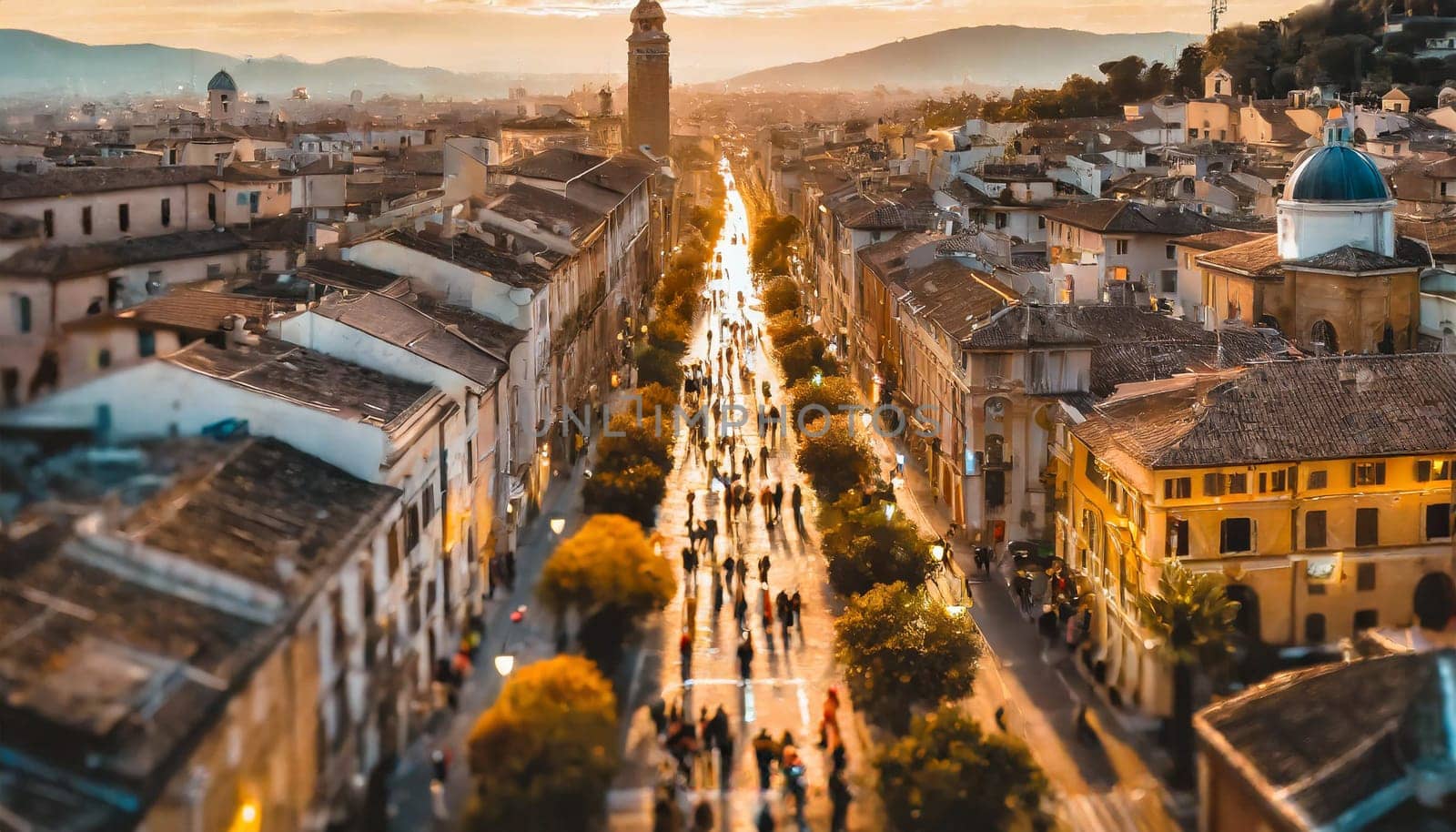 A busy city street with people walking and a bridge in the background. Scene is bustling and lively , rush commuting time AI generated