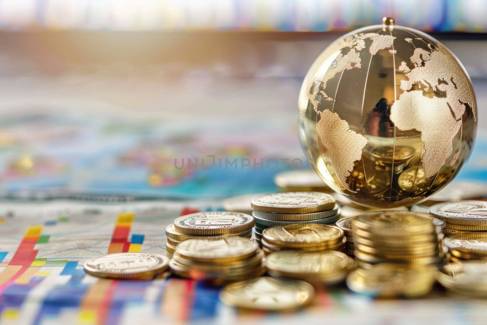 A gold coin sits on top of a pile of pennies and a globe.