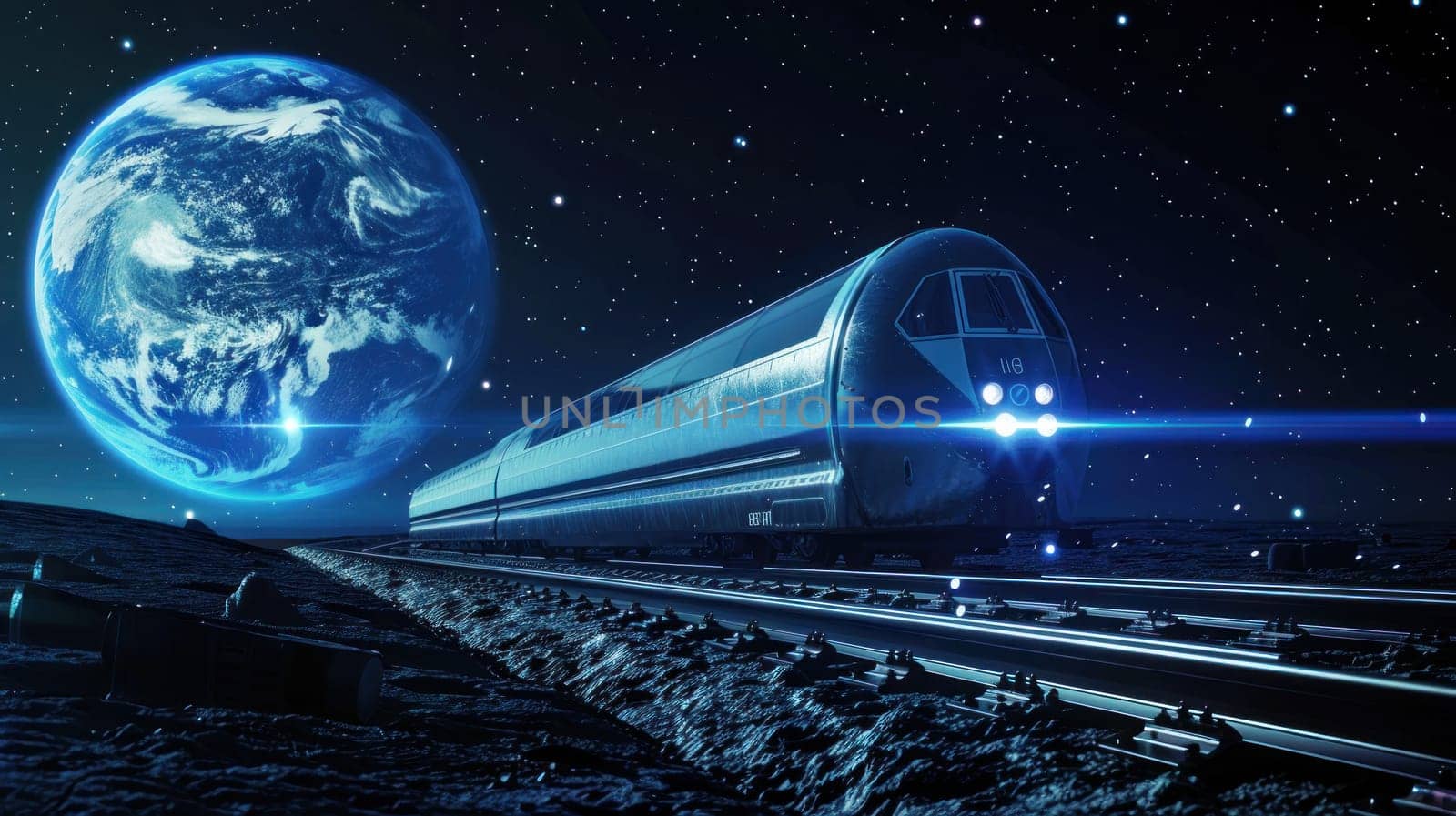 A train is traveling through space next to a planet by golfmerrymaker