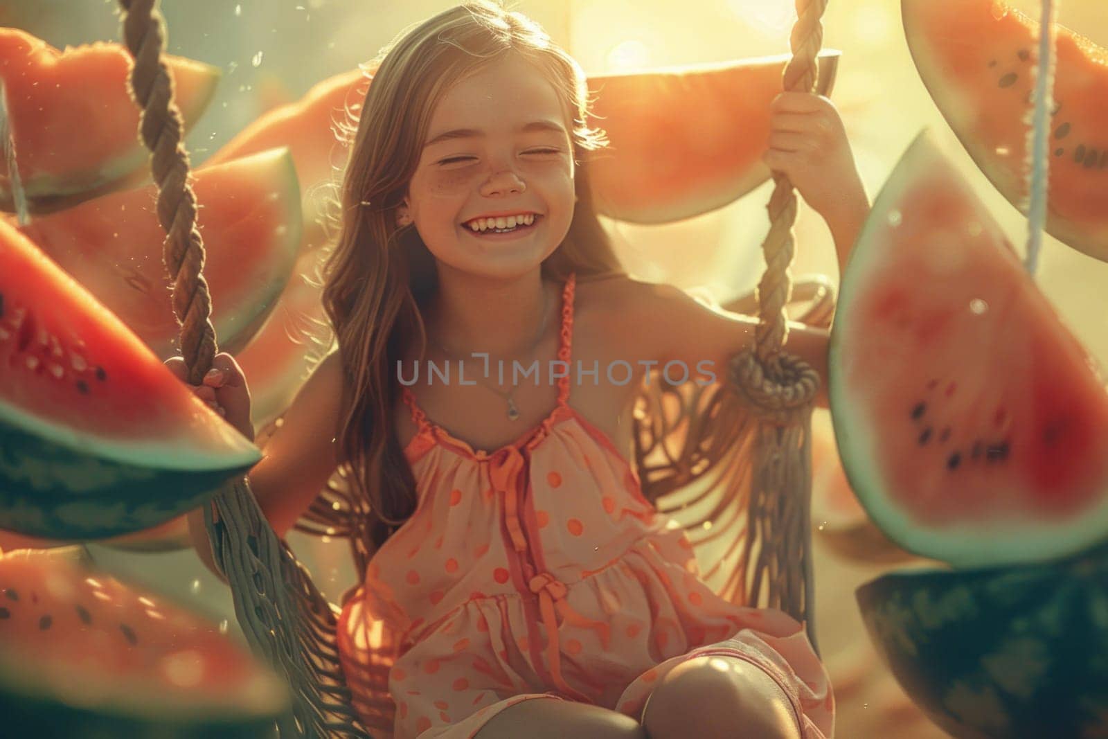 A young girl is swinging on a rope while surrounded by watermelon slices. She is smiling and she is enjoying herself. Concept of fun and playfulness