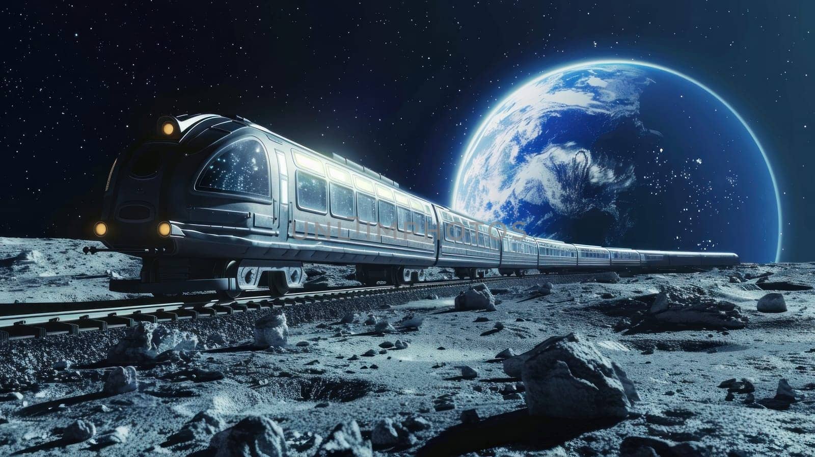 A train is traveling through space next to a planet. The train is silver and has windows. The planet is blue and has a rocky surface. The scene is peaceful and serene