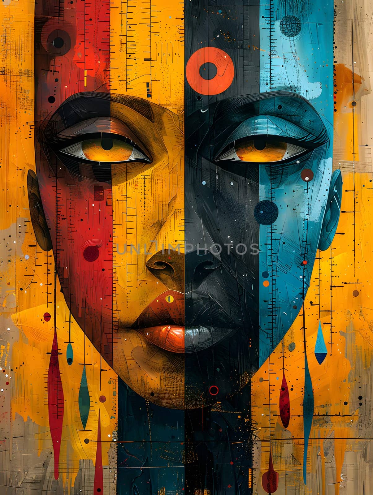 A vibrant painting of a womans face featuring a split design with one half showcasing a striking orange hue on the cheek, eye, and mouth, creating a captivating piece of art displayed on a wall