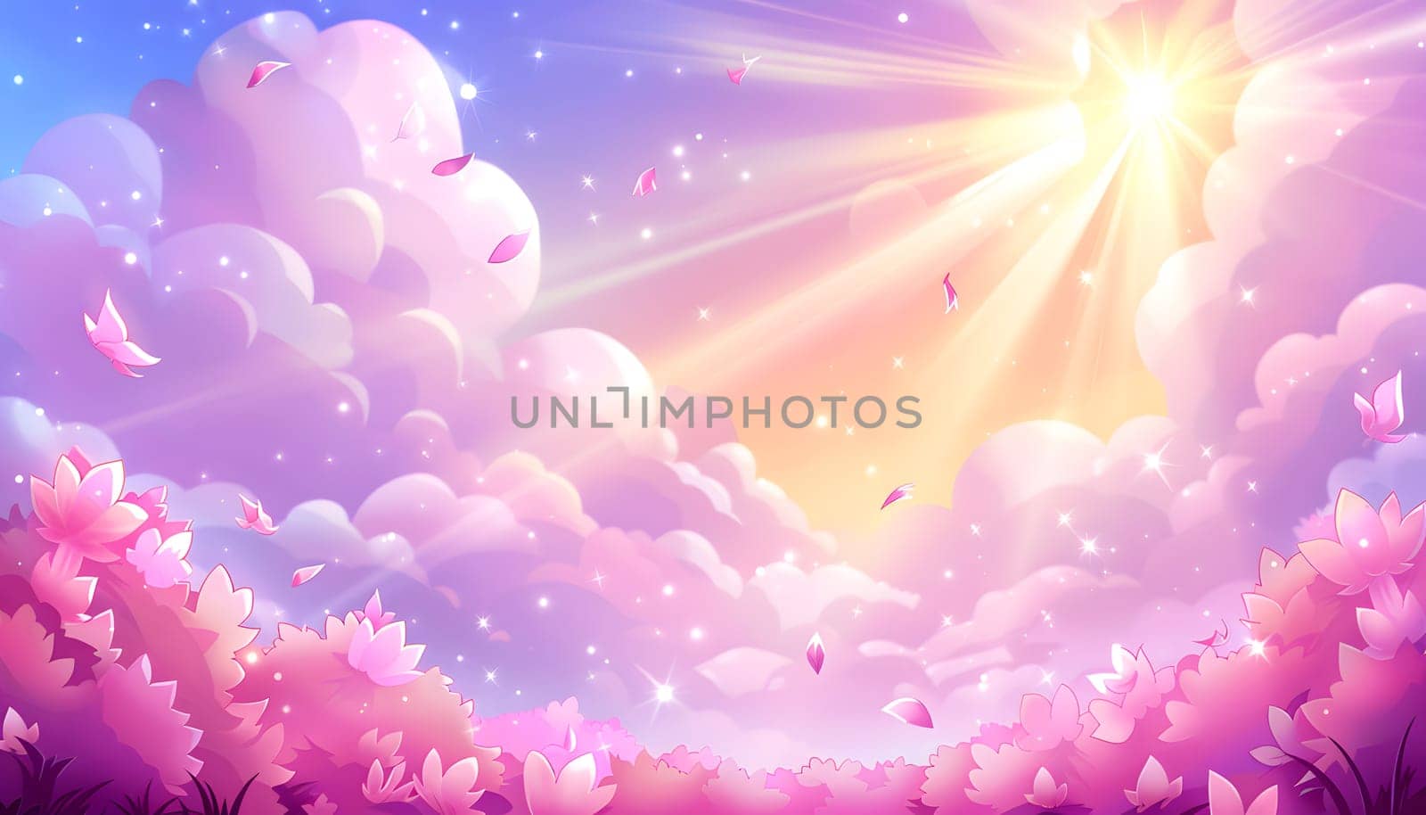 The atmosphere is painted in shades of pink and violet as the sun shines through the clouds onto a field of pink flowers, creating a beautiful and artistic scene