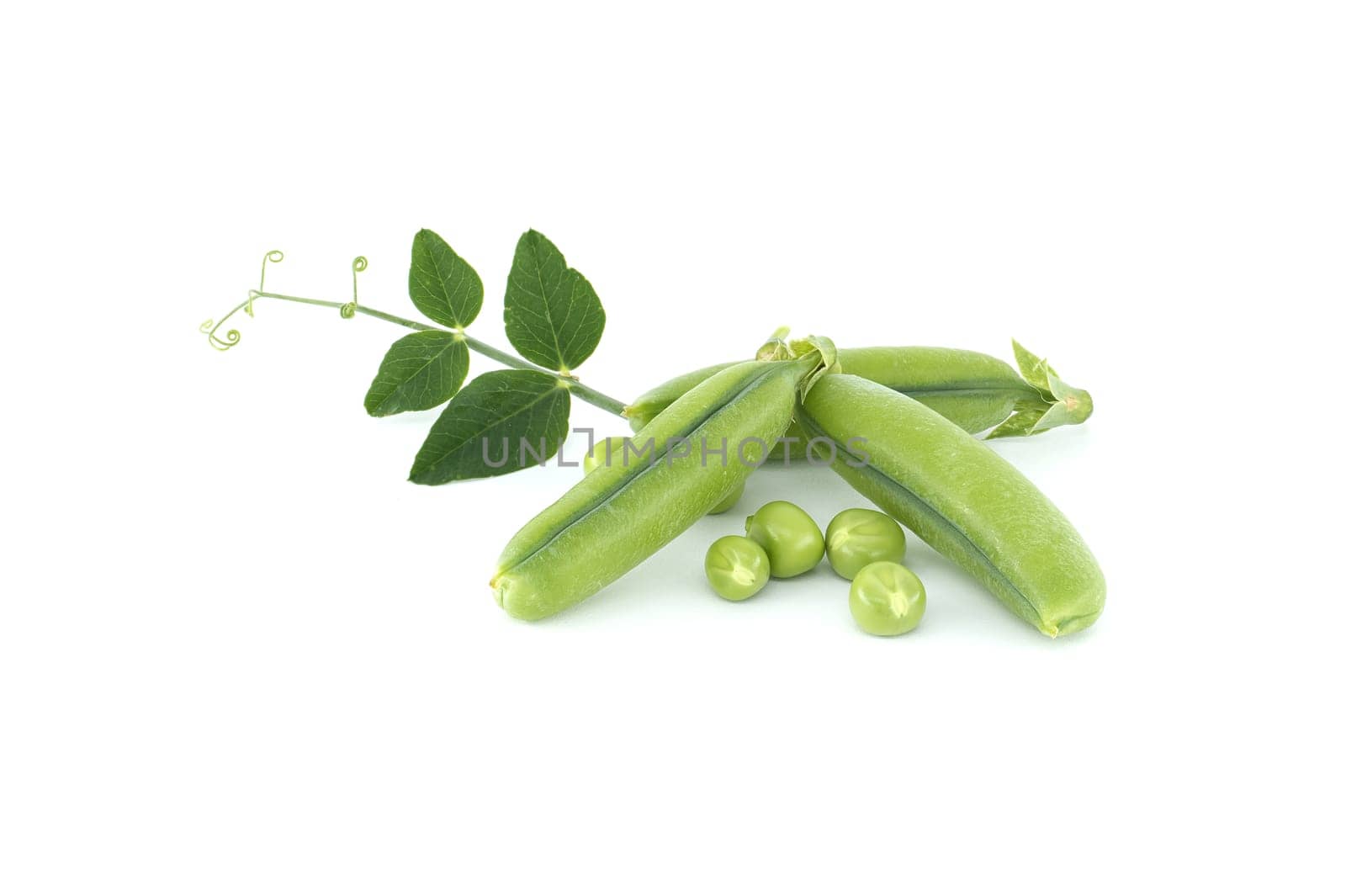 Group of fresh green peas, pea pods with green leaves and open pea pod in close up isolated on white background