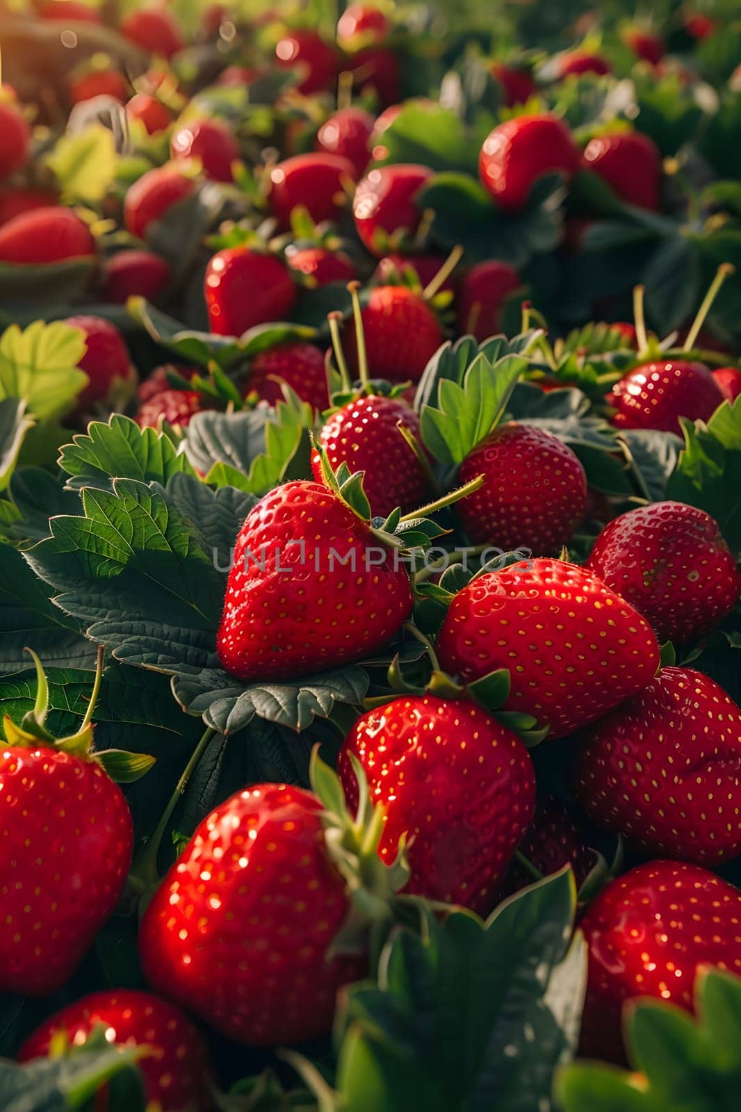 Delight in the sight of seedless strawberries growing on a bush in a natural field. These superfood berries are a delicious, plantbased fruit full of health benefits