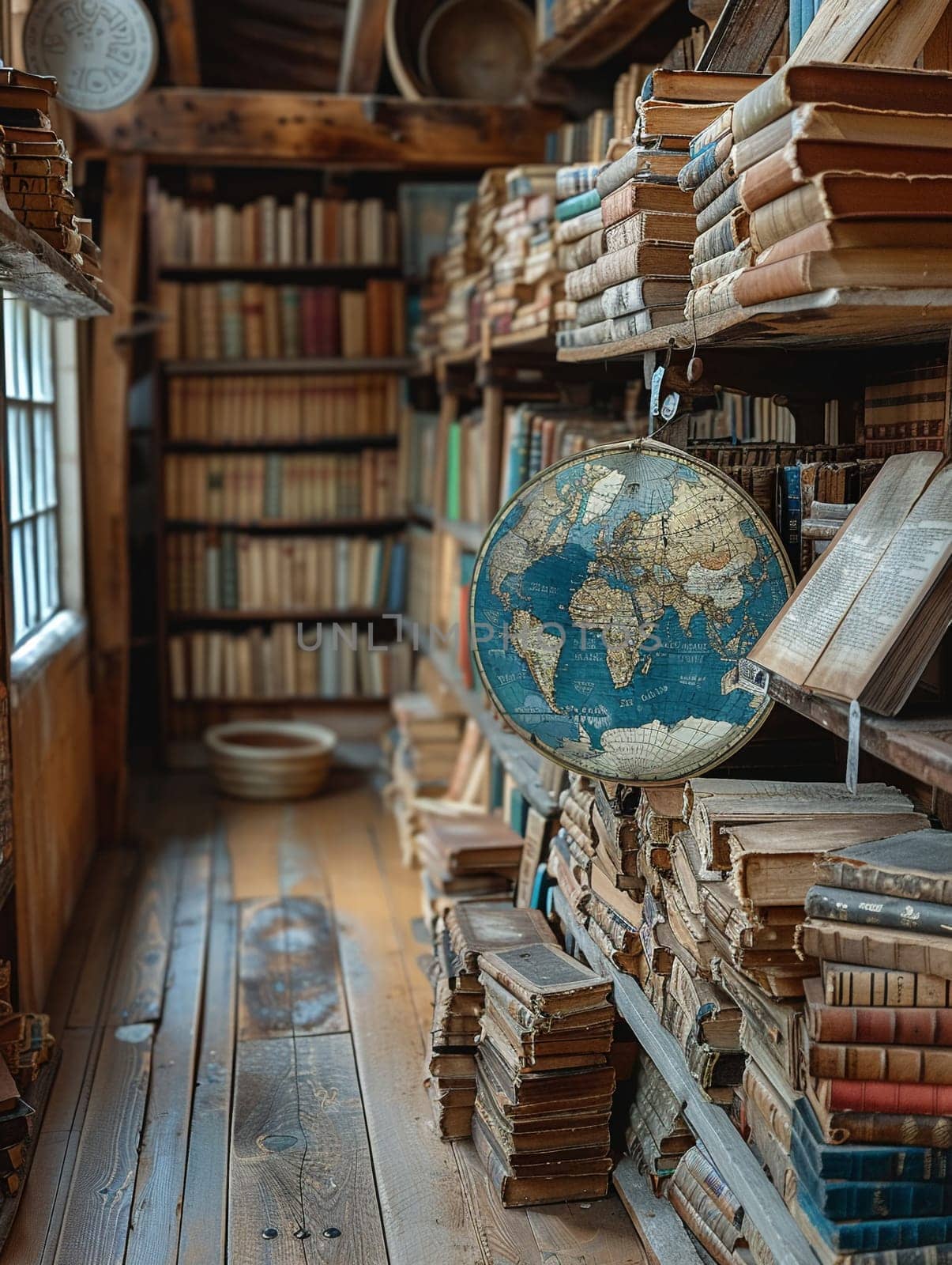 Vintage Bookstore with Antique Maps of the World Fading into Shelves, Blurred edges of ancient maps hint at historical exploration and literary charm.