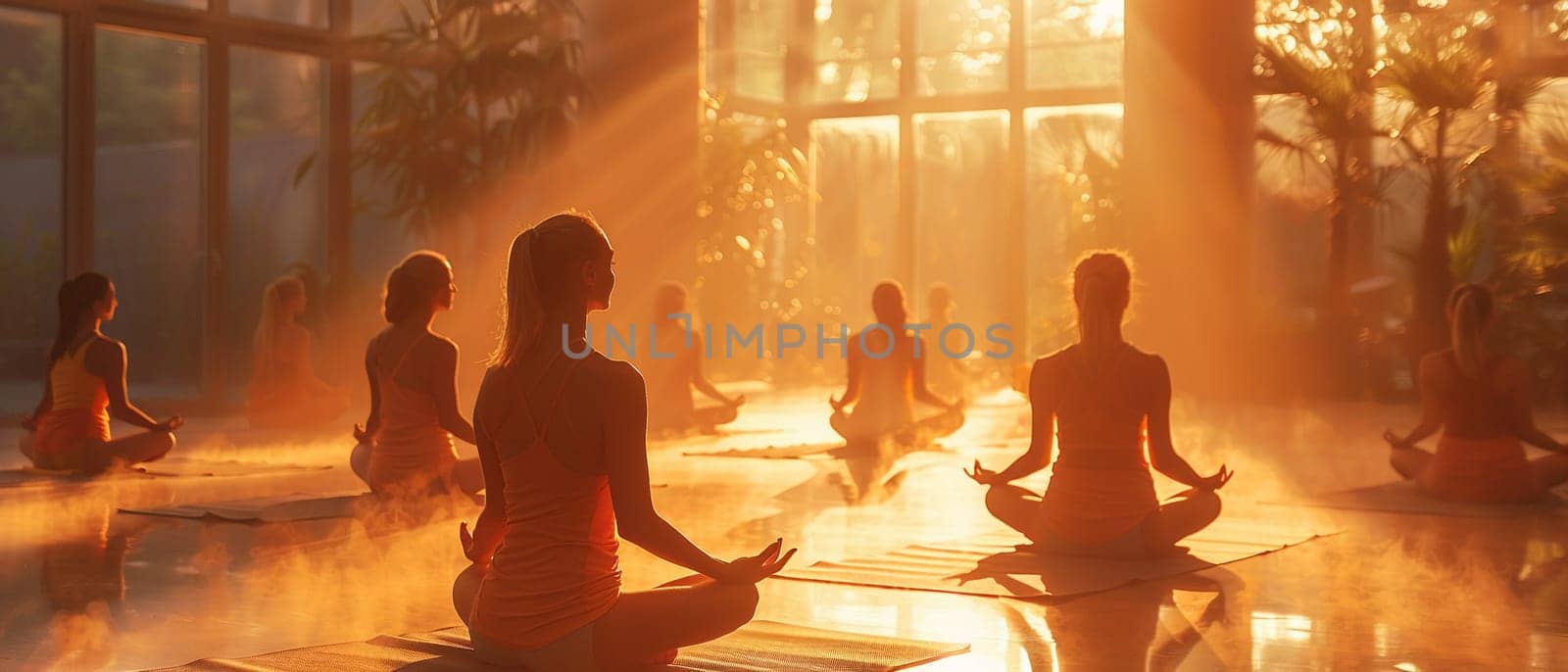 Serene Yoga Class in Session at a Sunlit Wellness Center, The tranquil blur of figures in poses against the morning light emphasizes balance and harmony.